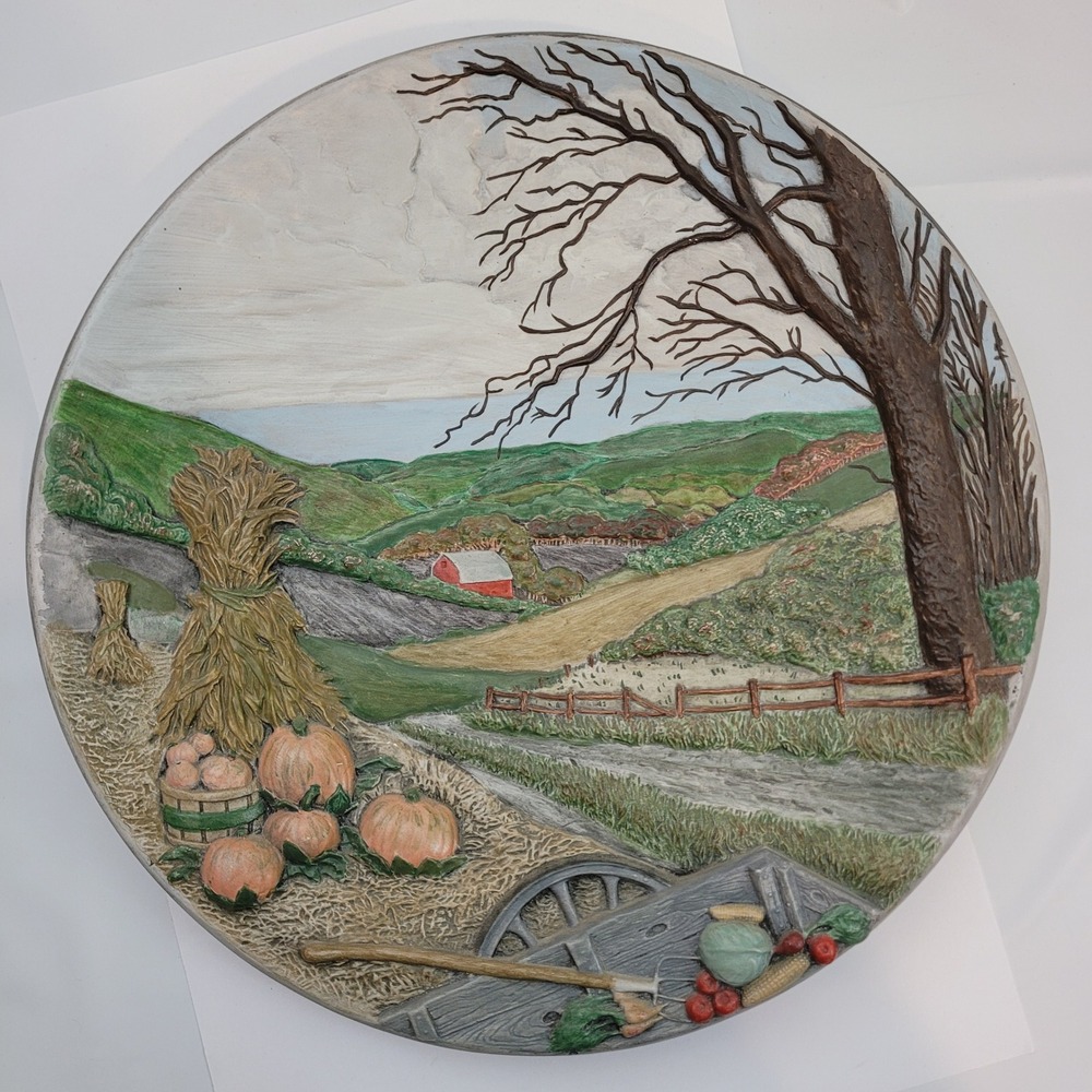 E&J Ceramic Shop Relief Plate Vintage 1977 Fall Harvest Farmhouse Decor 12.5in